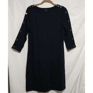 Talbots Knit Dress Sheath Gold Button Detail 3/4‎ Sleeve Navy Blue M